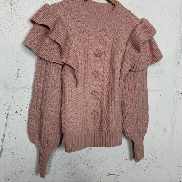 Vici Blush Pink Ruffle Shoulder Chunky Knit Sweater Size Medium - Picture 5 of 9